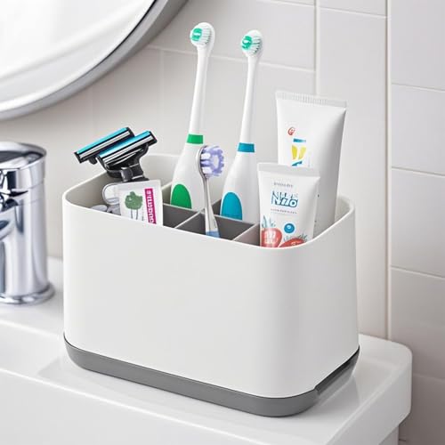 Qniceone Toothbrush Holder for Bathroom, 6 Slots Plastic Detachable Toothbrush and Toothpaste Organizer for Easy Cleaning Multi-Functional Storage Makeup Brush Razor Holder Countertop Organizer(Grey)