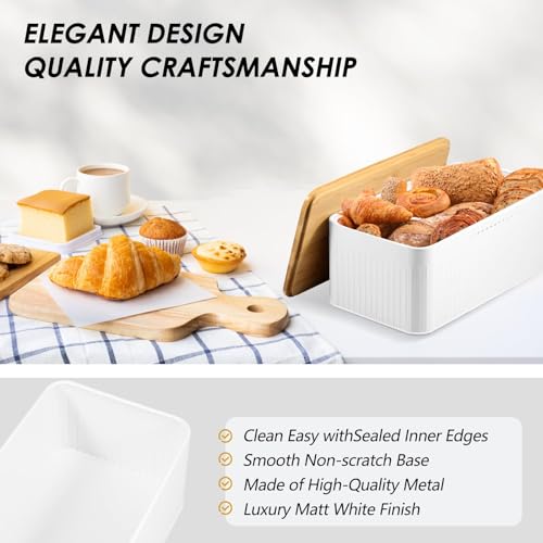 NALACAL Modern Metal Bread Box with Bamboo Lid, Bread Storage Container, 13×7×5.3 Inch Bread Storage Container for Kitchen Counter, Bread Keeper for Homemade Bread, Bagel, Muffins, Rolls