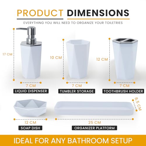 AC&L Bathroom Accessories Set, 5 Pcs Plastic Bathroom Counter Vanity Set, Liquid Soap Dispenser, Toothbrush Holder, Soap Dish, Q tips Tumbler, Vanity Tray, Modern Bathroom Decor Organizer (White)