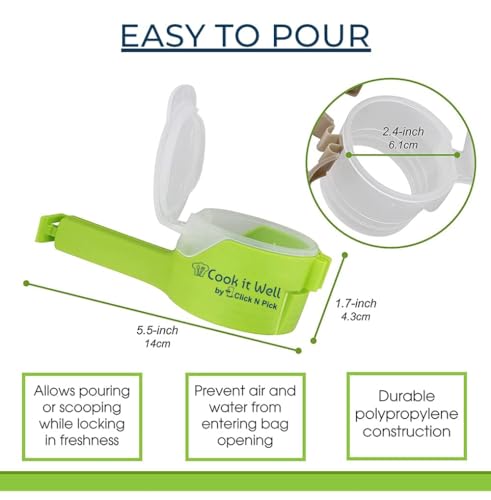 COOK IT WELL® Pouring Clips Set of 3 ? Food Bag Sealing Clips with Pour Spout for Cereal, Snacks, Chips, Dry Fruits & More ? Reusable, Easy-to-Use Food Storage Clips