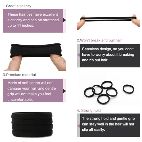 SYGY 100 PCS Hair Ties for Women, Elastic Cotton Thick Seamless Black Hair Bands, No Crease No Damage for Thick/Thin Hair, Soft Hair Ties Ponytail Holders Hair Accessories