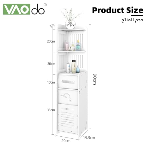 VAODO Bathroom Multi-Level Corner Cabinet, Standing Freestanding Bathroom Storage Cupboard,Bathroom Toilet Paper Holder, Organize Shelf, with Trash Can, Small（90cm Tall, Trash Can）