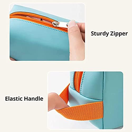 Small Makeup Bag, PU Striped Leather Cosmetic Bag, Portable Travel Makeup Pouch,Waterproof Cosmetic Pouch with Handle,Cute Makeup Bags for Women and Girls (Blue)