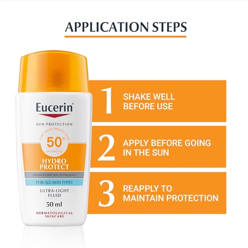 Eucerin Sunscreen Hydro Protect Face Ultra Light Fluid, High UVA/UVB Protection, SPF 50+, Suitable for Daily Use, Non sticky, Non Greasy, Suitable for All Skin Types, 50ml