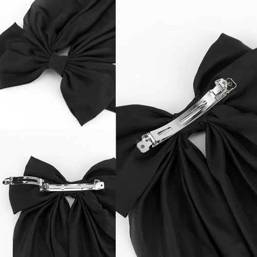 2 Pcs Silky Satin Hair Bows,Big Hair Bows for Women Hair Ribons Oversized Long Tail White Hair Bow Black Hair Bow Large Hair Barrettes for Women French Barrettes Metal Clips Hair Clip (White+Black)