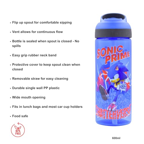 HOX SONIC PRIME Reusable BPA free Kids Atlantic Water Hydration Bottle with built in Carry Loop, Flip Up Spout and removeable straw - 600ml, Blue