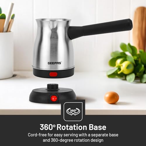 Geepas Electric Turkish Coffee Maker, Stainless Steel, GK38050 | 0.8L Capacity | 360-Degree Rotation | Non-Automatic Cut Off | Coffee Kettle for Home Office | Food Grade and Safe to Drink