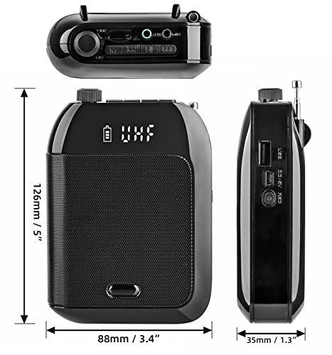 VOEMPHI UHF Wireless Voice Amplifier, 15W Rechargeable PA System (2400mAh) Bluetooth Speaker With Wireless Headset Microphone for Teachers, Tour Guide and more (Black)
