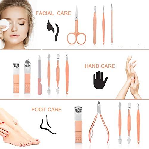 Conbo Women 12 In 1 Nail Clippers Set Manicure Pedicure Kit with Grooming Travel Leather (Rose Glod)