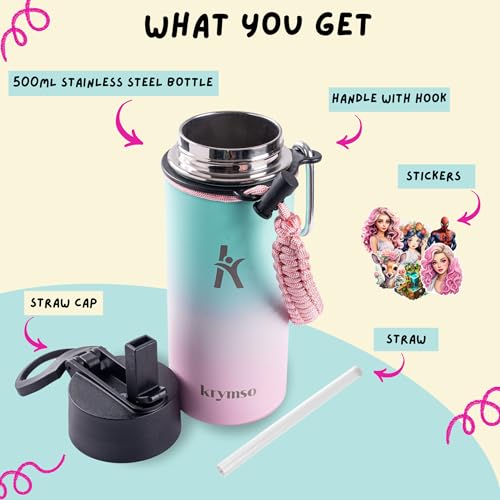 KRYMSO, 500ml Stainless Steel Water Bottle with Ai Stickers for Kids with Straw, Thermos, Insulated Cup, Water 500ml Cotton Candy)