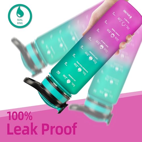 Sport Water Bottle 1L / 32oz with Motivational Time Marker Straw Strainer Tritan Plastic BPA Free Bottles for kids Fitness Gym Office Outdoor School Sports and Exercise Leak Proof (Green & Purple)