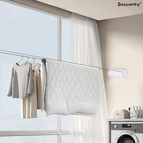 Beauenty Retractable Clothesline, Stainless Steel Wall Mounted Clothes Dryer, 4.2m Heavy Duty Adjustable Double Wire Rope, Round and No Punching, Polished Chrome Finish (White)