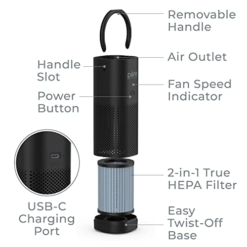 Pure Enrichment PureZone Mini Portable Air Purifier - Cordless True HEPA Filter Cleans Air & Eliminates 99.97% of Dust, Odors, & Allergens Close to You - Cars, School, & Office (Black)