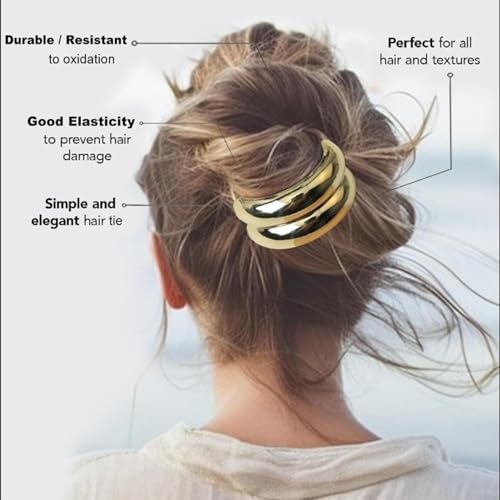 4PCS Metal Hair Ties,Metal Geometric Elastic Hair Ties,Ponytail Hair Cuff,Gold Hair Ties,Gold Hair Cuff Wrap Hair Ties for Thick Hair Gold Ponytail Cuff Elastic Hair Ties for Women Hair Accessories