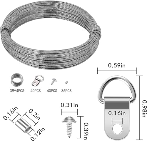JOEJNCED 100pcs Picture Hanging kit, Picture Hanging Hardware with Wire Picture Hanging Kit, Wall Hooks for Hanging Pictures with Wire, Screw, D Ring, Loop Sleeves for Picture Frame, Mirror, Art