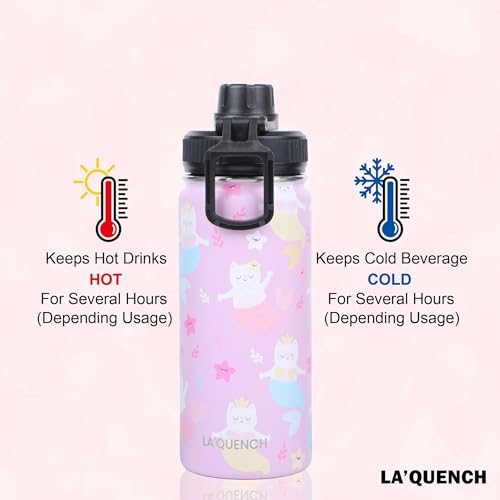 LA'QUENCH™ 18/8 Stainless Steel Water Bottle for Kids 415ml / 14oz Leakproof Double Wall Insulated Thermos Flask (Kitten Mermaid Pink)