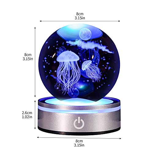 QIANYMY Jellyfish 3D Crystal Ball with LED Light Base Unique Figurine Lamps Laser Engraved Nightlight for Kids Gifts Jellyfish Lovers Girlfriend Wife Mom Lovers Girls Boys Birthday Christmas