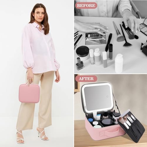MOMENT Makeup bag with LED mirror, Travel Makeup Bag 3 Adjustable Brightness LED makeup bag with mirror and Dividers suitable for your Jewelry, Essential oil,Toiletries storage and makeup daily Pink