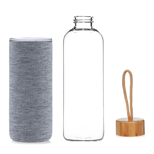 MAX-EMA Glass Water Bottle 1 Liter With Bamboo Lid And Neoprene Sleeve Reusable Glass Bottle For Hot And Cold Drinks, Juice, Tea, Milk, Smoothies And For Home, Gym And Travel (Grey)