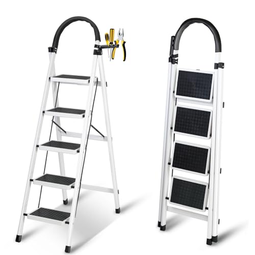 SKY-TOUCH Foldable Ladder 5 Steps, Home Ladder Folding Step Stool with Wide Anti-Slip Pedal, Adults Folding Sturdy Steel Ladder for Home,Kitchen, Garden, Office