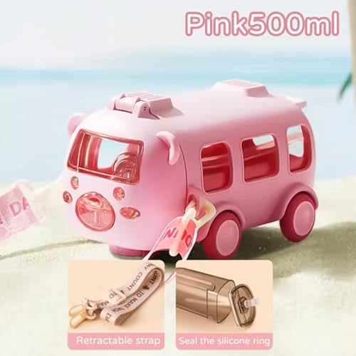 Twisoo Bus Design Water Bottle for Kid with Straw and Sticker Sport Plastic Portable Drinking Bottle for Kids Girls School Camping Trips Supplies with Shoulder Strap (Pink)