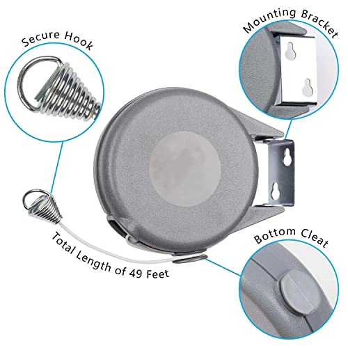 Retractable Clothesline Outdoor Cord 49 Feet - Easy Hanging Clothes Lines - Heavy Duty 30LBs Weight Capacity Clothes Line - Easy DYI Installation - Also Ideal for Indoor - Space Saving and Practical