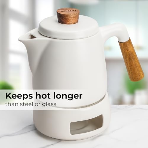 MIAMIO - Teapot Set with Warmer / 1L / 1000 ml Tea Kettle with Infuser for Steeping Loose Tea Leaves - Gift for Women/Tea Lovers (White)