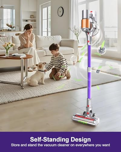 Cordless Vacuum Cleaner, 2 Batteries 120 Mins Runtime, 550W 45KPA Stick Vacuum with Self-Standing, Tangle-Free Brush, LED Display, Vacuum Cleaner for Home Hardwood Floor, Carpet, Pet Hair (purple)