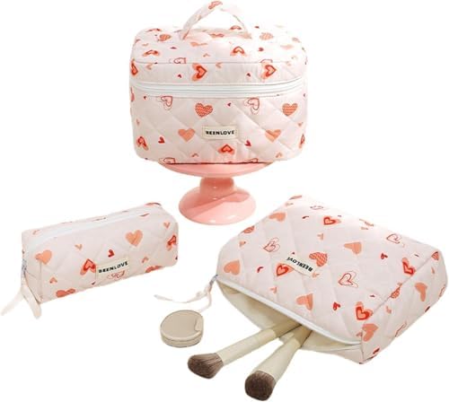 Quilted Cotton Makeup Pouch, Coquette Quilted Toiletry Bag for Women and Girls, Floral Coquette Organizer Bag, Aesthetic Travel Cosmetic Bags (White Shells Drawstring)