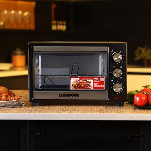 Geepas Electric Oven With Rotisserie 25L,1600W GO34040| Perfect for Baking, Roasting & Grilling - Accessories Included – 2 Years Warranty
