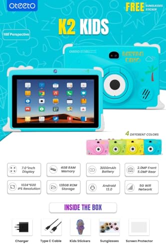 Oteeto Tab K2 Kids Tablet, 7-inch HD Display, Android, Educational Learning Apps, WiFi, Kid-Proof Case, Educational Tablet for Kids (Ages 3â12) (Blue)