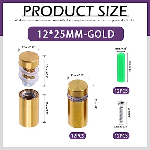 Swpeet 12 Sets 1/2" x 1" Gold Stainless Steel Standoff Screws, Wall Standoff Mounts Glass Acrylic Nail with Screws and Wall Anchors, Mounting Glass Hardware for Hanging Picture Frame