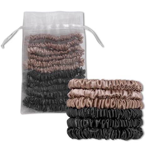 QIYUE 100% Mulberry Silk Scrunchies for Hair,Hair Ties Ropes Ponytail Holder for Women Girls Hair Accessories Decorations??air Elastics Bands (litegold black)