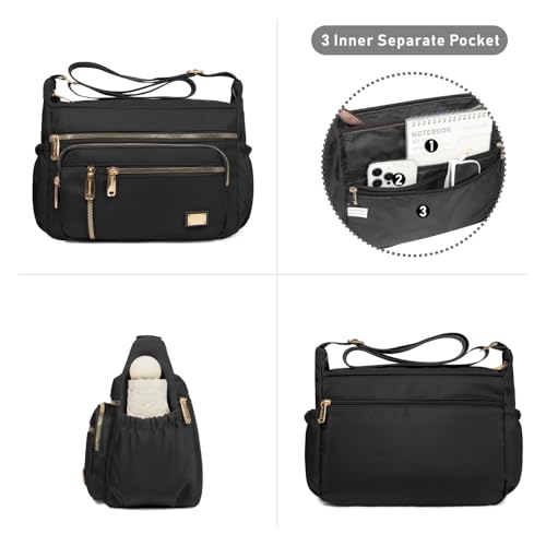 NALACAL Crossbody Bag for Women, Nylon Shoulder Purse Handbag Messenger Bag, Trendy Pocketbooks, Waterproof and Multi-Pockets (Black)