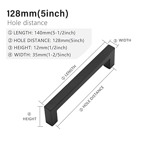 Redunest Cabinet Pulls Matte Black Cabinet Handles Square Drawer Pulls, 10 Pack 5 Inch Stainless Steel Kitchen Door Cupboard Cabinet Handles, Drawer Hardware Handles, 128mm Hole Centers