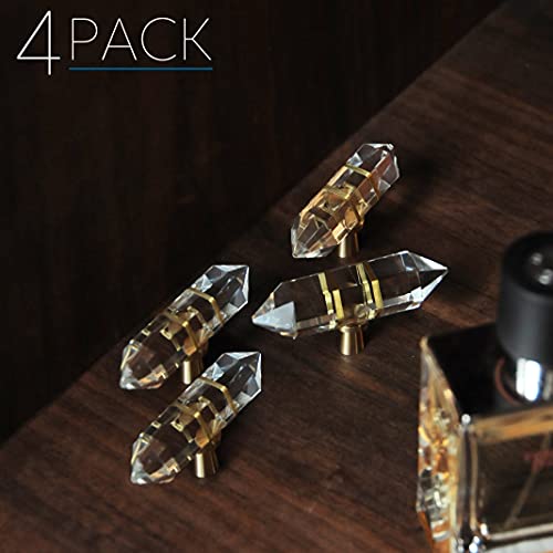 JEREVER 4 Pack Hexagonal Crystal Knobs Wire Wrapped Glass Brass Drawer Pull Cabinet Handle Gold Furniture Hardware for Dresser Kitchen (Clear)