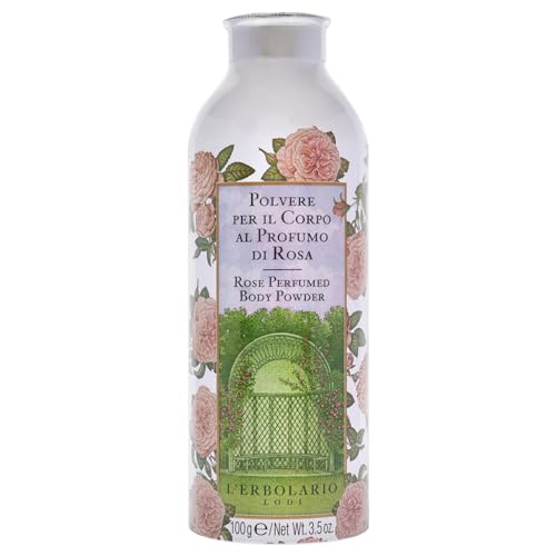 L'Erbolario Rose Perfumed Body Powder - Naturally Enticing Floral Scent with Rose, Jasmine, and White Musk - No Silicones, Parabens Or Petrolatum - Perfectly Refreshing for All Skin Types - 3.5 Oz