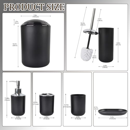 CERBIOR Bathroom Accessories Set 6 Piece Bath Ensemble Includes Soap Dispenser, Toothbrush Holder, Toothbrush Cup, Soap Dish for Decorative Countertop and Housewarming Gift, Black, Large