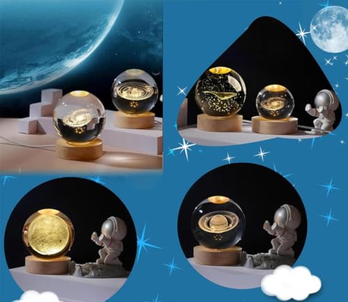 Aowin 3D Crystal Ball Night Light Galaxy Crystal Lamp LED Light with Wooden Base Glass Ball,Home Decoration Ornament,Birthday Gift for Girlfriend,Kids Crystal Ball Lamp,Warm Nightlight - Solar System