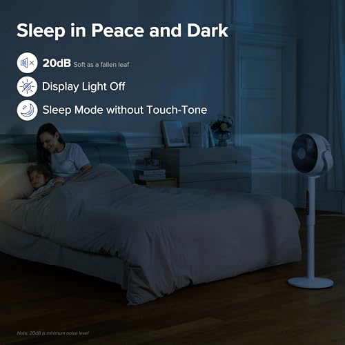 Levoit 20dB Quiet Pedestal Fans for Bedroom, 2465m³/ h Powerful Air Circulator Fan with Remote, 90°+120° Oscillating, 12 Speeds, 4 Modes, 12H Timer, Adjustable Height, Standing Fan for Home Office