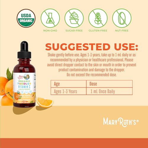 MaryRuth Organics Vitamin C Supplement for Kids | USDA Vitamin C Liquid Drops for Kids Ages 1-3 | Vitamin for Immune Support & Overall Health | Vegan | Non-GMO | Gluten Free | 1 Fl Oz