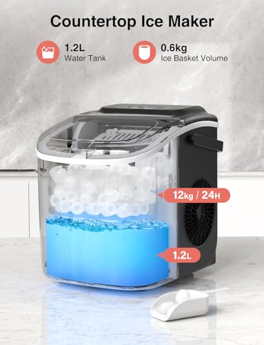 CROWNFUL Ice Maker Countertop, Portable Self-Cleaning Ice Maker Machine with Handle, Scoop and Basket, 9 Bullet Ice Cubes in 6 Mins, 12kg/24H, Ideal for Home, Kitchen, Office, Bar, Party