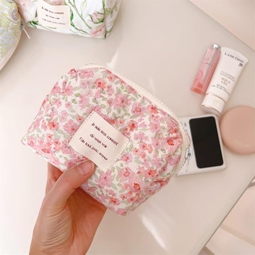 Azonee 2 Pcs Floral Makeup Bag Large Travel, Cotton Quilted Cosmetic Makeup Bag Organizer, Cute Coquette Aesthetic Zipper Portable Pouch Purse Toiletry Bag for Skincare Cosmetics (Pink Floral flowers)