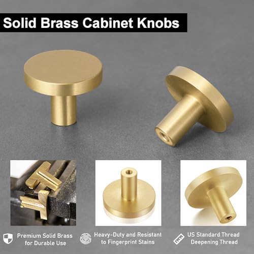QOGRISUN 10-Pack Solid Brass Cabinet Knobs, 1-5/16-Inch Diameter, Round Gold Dresser Drawer Pulls Handles, Modern Kitchen Hardware, Brushed Brass Finish