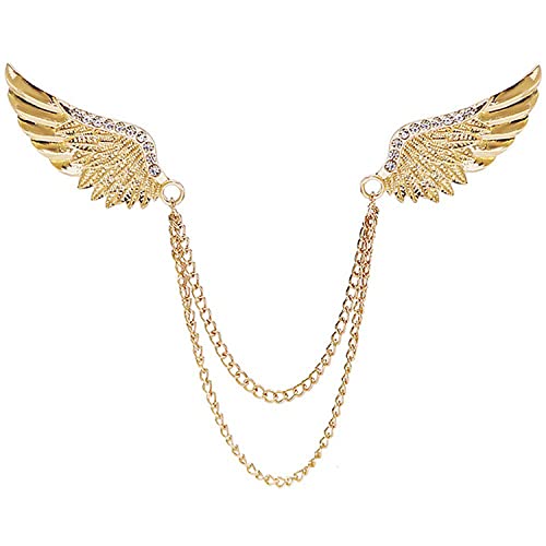 ELECDON Angel Wings Tassel Chain Brooch Collar Pins -Rhinestone Metal Feather Lapel Pin, Suit Coat Breastpin for Women Men's Accessories, Pins Men Fashion Gold Silver Plated Crystal Jewelry