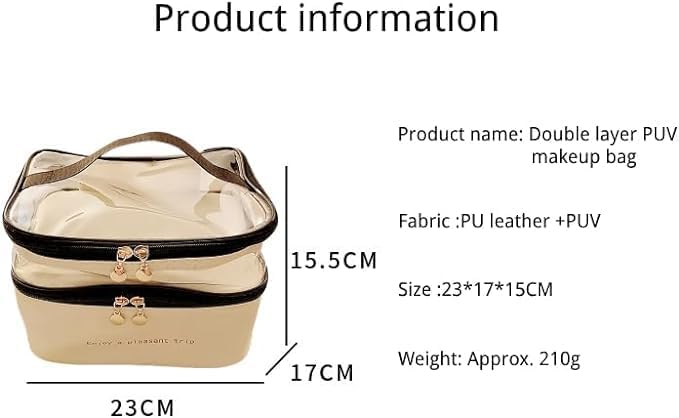 ORiTi Double Layer Makeup Bag Solid Color PU Transparent Wash Bag Portable INS Fashionable waterproof Travel Portable large capacity Storage Bag - Beige