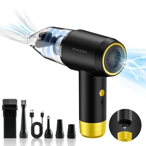 PINREK 6-in-1 Mini Car Vacuum Cleaner, Cordless Vacuum Cleaner Portable Air Duster Blower with Brushless Motor, 12000PA High Power Electric HandHeld Vacuum Cleaner for Car, Home, Sofa, Carpet, Bed