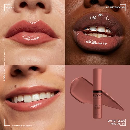 NYX PROFESSIONAL MAKEUP Butter Gloss, Non-Sticky Lip Gloss, Buttery Soft, Silky Smooth and Creamy, Sheer to Medium Coverage - Shade: Praline (Deep Nude)