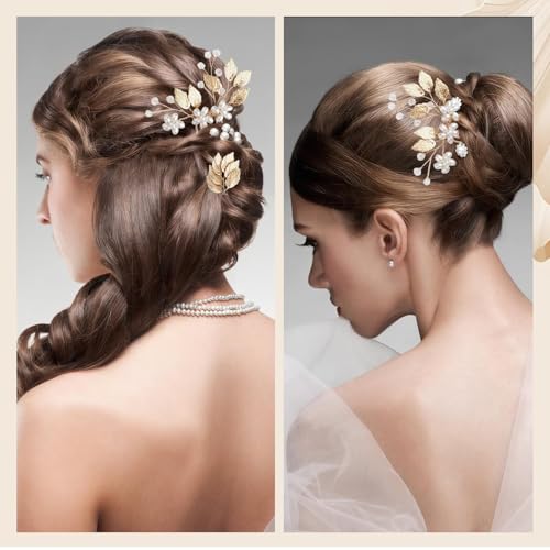 4 Pieces Bridal Wedding Hair Pins, Gold Leaf Hair Pins, Crystal Pearl Flower Hair Forks Vintage Bridal Hair Accessories Wedding Hair Clips Headpiece for Brides Bridesmaids Flower Women and Girls