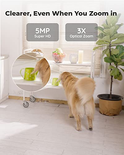 Reolink 360 Home Security Camera CCTV, 5MP Indoor Cam Pan/Tilt & 3x Optical Zoom, 2.4 / 5GHz WiFi Baby/Pet Monitor, Two - Way Audio, Multiple Storage Options, Easy Setup with App, E1 Zoom-White